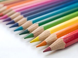 Fototapeta premium Close-up of sharpened rainbow color pencils neatly arranged in a row on a white background with clipping path, symbolizing creativity, art, and education