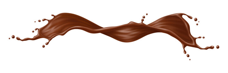 Chocolate drink flow splash wave. Realistic liquid long brown splatter. Isolated 3d vector delicious treat, rich and velvety burst of cocoa goodness. Choco swirl with drops, sweet indulgent dessertV