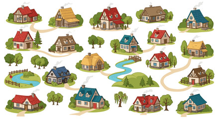 Illustration of a whimsical village with various houses trees and a winding river landscape view