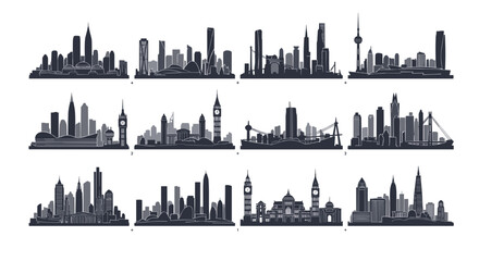 Obraz premium Twelve different city skyline silhouettes arranged in a grid pattern showing various architectural styles