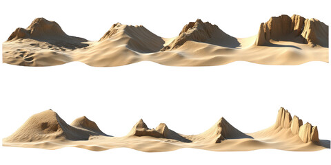 Two Rows of Stylized Desert Landscape Miniatures with Sand Dunes and Rock Formations isolated on a transparent background