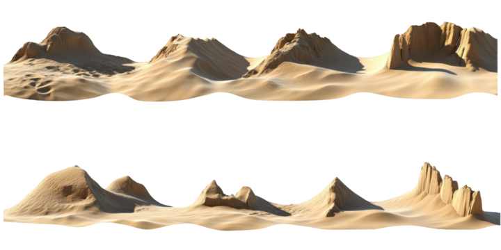 Two Rows of Stylized Desert Landscape Miniatures with Sand Dunes and Rock Formations isolated on a transparent background