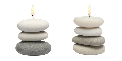 Two stacks of smooth, lit candles on balanced stones with transparent background graphic isolated on a transparent background