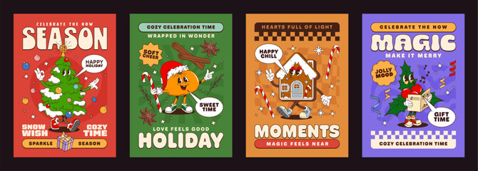 Christmas groovy characters posters, xmas hippie personages. Vector festive holiday cards featuring cartoon y2k decorated tree, gingerbread house, orange in a Santa hat, and holly leaf singing carols