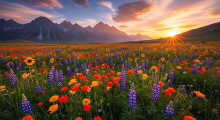 Sunset Wildflower Meadow with Mountains.