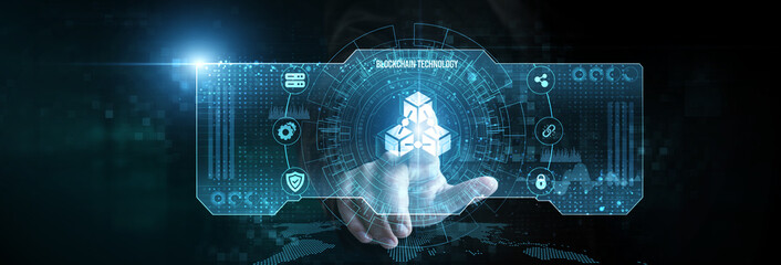 Businessman touching the blockchain technology icon on the digital screen analysing data. cryptographic security, decentralized ledger, smart contracts, digital transactions, tokenization.