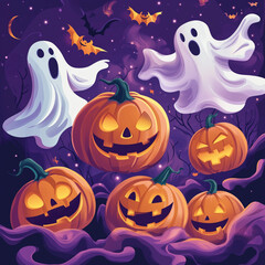 Halloween scene with Jack-o&rsquo;-lanterns and ghosts
