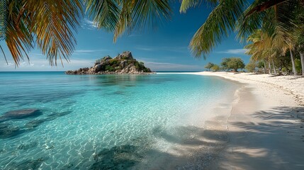 Photograph from under the shade of a palm tree, its fronds framing a pristine white sand beach and crystal-clear turquoise water with a distant isle.