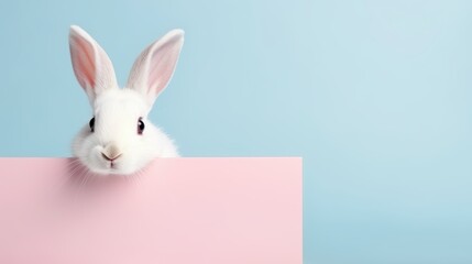 Obraz premium cute animal pet rabbit or bunny white color smiling and laughing isolated with copy space for easter background, rabbit, animal, pet, cute, fur, ear, mammal, background, celebration, generate by AI