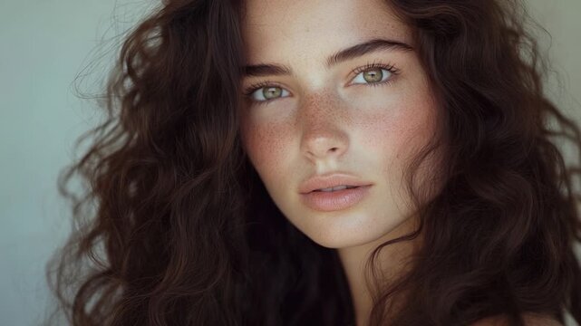 A close-up shot of a woman's face featuring freckles, suitable for use in editorial or commercial contexts