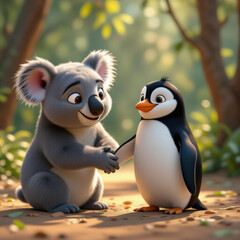 An adorable koala and penguin, their friendship is eternal.
