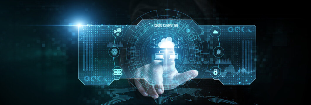 Businessman touching the cloud computing icon on the digital screen analyzing data. virtual infrastructure, data storage solutions, scalable architecture, application deployment