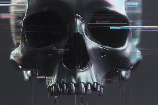 Halloween cyberpunk party banner featuring holographic skull futuristic digital art dark neon environment