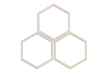 Three interconnected pastel hexagonal frames isolated on transparent background.