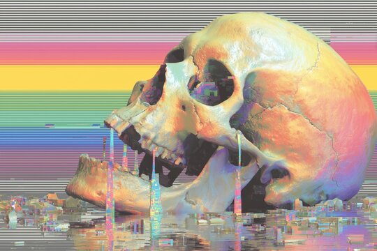 Cyberpunk halloween party banner featuring holographic skull in futuristic cityscape digital art vibrant colors