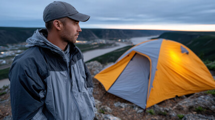 A man stands in profile by his camping tent, admiring the breathtaking river view at twilight, showcasing the harmony of human presence and natural beauty in the wilderness.