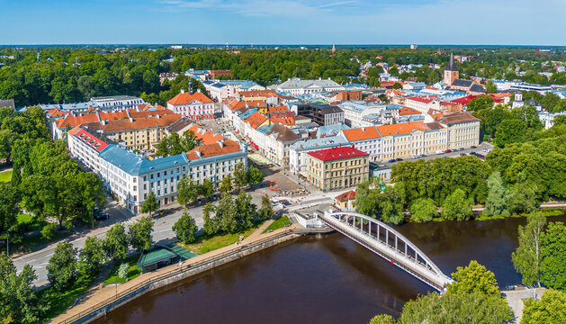 Aerial view of Tartu Old Town across the Emajõgi river in Estonia