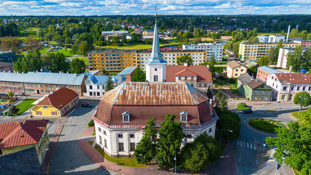Aerial view of Saint John Lutheran church in Valga in the south of Estonia, near the Latvian border