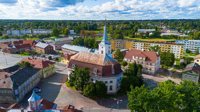Aerial view of Saint John Lutheran church in Valga in the south of Estonia, near the Latvian border