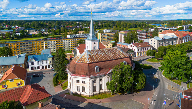 Aerial view of Saint John Lutheran church in Valga in the south of Estonia, near the Latvian border