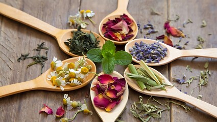 A Collection of Fragrant Herbs and Dried Flowers Arranged Artfully on Wooden Spoons for Culinary and Medicinal Use