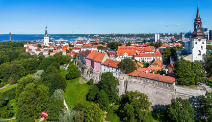 Aerial view of the fortification walls of Toompea in Tallinn Old Town (Vanalinn), the capital of Estonia, one of the Baltic States
