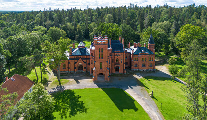 Aerial view of the Sangaste Castle, built in Estonia in a neo-Gothic style with influences from...
