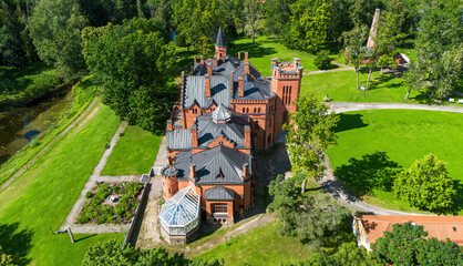 Aerial view of the Sangaste Castle, built in Estonia in a neo-Gothic style with influences from...