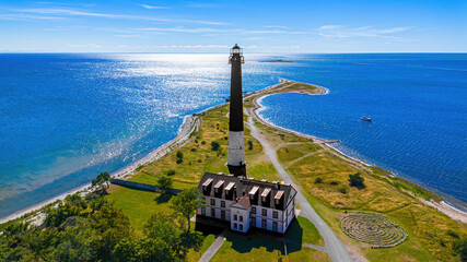 Aerial view of the Sõrve Lighthouse on Saaremaa island on the northern end of the Irbe Strait in...