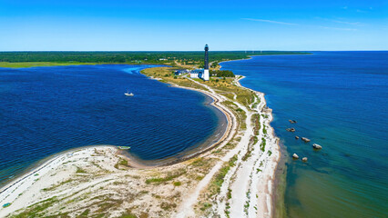 Aerial view of the Sõrve Lighthouse on Saaremaa island at the entrance of the Gulf of Riga in western Estonia, one of the Baltic States © Alexandre ROSA