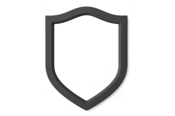 Dark grey 3D rendered shield outline isolated on transparent background, security concept