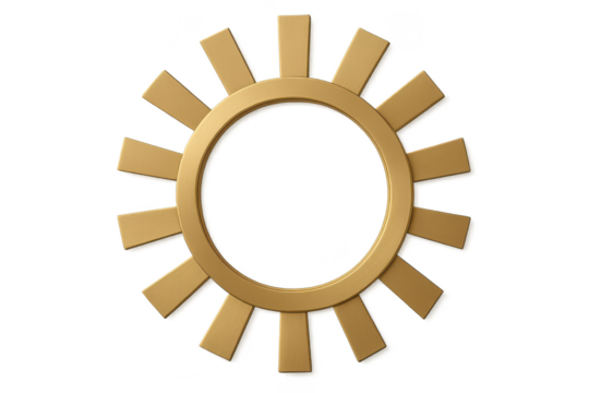 Shiny golden sun symbol or abstract gear isolated on transparent background