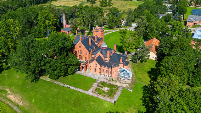 Aerial view of the Sangaste Castle, built in Estonia in a neo-Gothic style with influences from Tudor architecture