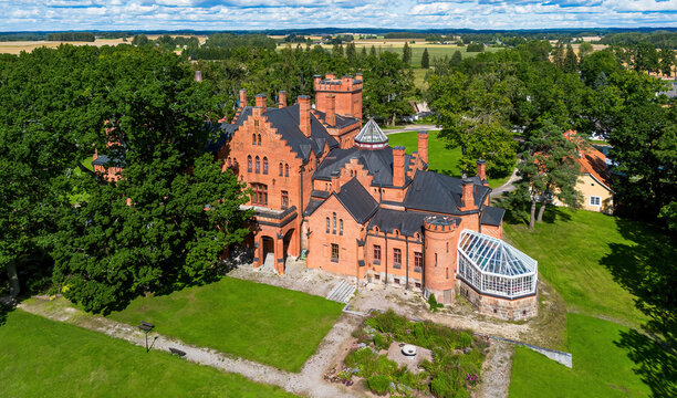 Aerial view of the Sangaste Castle, built in Estonia in a neo-Gothic style with influences from Tudor architecture