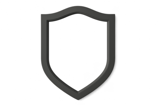 Dark grey 3D rendered shield outline isolated on transparent background, security concept