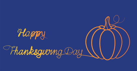 Pumpkin drawing in flat style. Vector illustration of bright festive pumpkin on blue background. Happy Thanksgiving card.