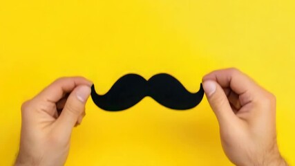 A man is holding a fake mustache. The mustache is black and is attached to a yellow background - Powered by Adobe