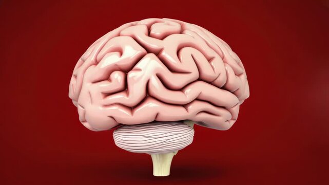 Medical of a human brain against a red background. The is detailed, showing the various regions and structures of this complex organ.