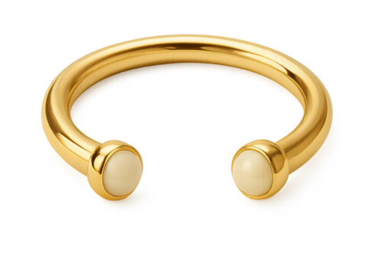 Stylish golden cuff bracelet with cream ends, isolated on a transparent background