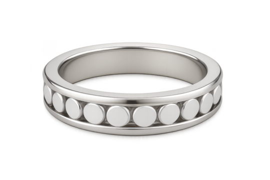 Polished silver band ring with circular details isolated on transparent background