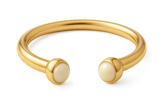 Elegant gold open cuff bracelet with pearl-like ends, isolated on transparent background