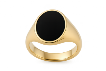 Stylish gold signet ring with black oval, isolated on transparent background