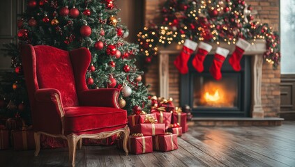 Obraz premium Festive holiday setting featuring a cozy fireplace, decorated Christmas tree, and red armchair with wrapped gifts underneath