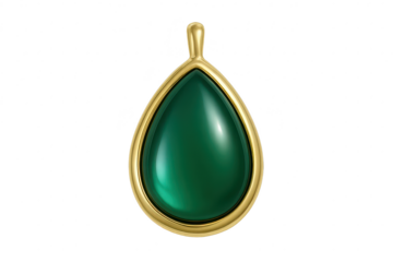 Luxurious golden teardrop pendant with emerald green gem, isolated on transparent background