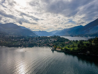 Aerial landscape of Bellagio villa and Lago di Como Lake in Italian Alps fall in Lombardy