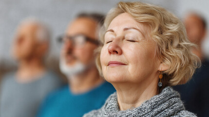Serene senior woman meditating with eyes closed finding inner peace among supportive group