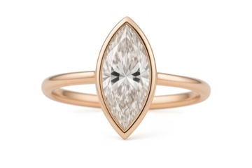 Elegant rose gold ring with marquise diamond, isolated on transparent background