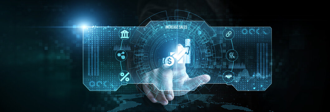 Businessman touching the sales performance icon on the digital screen analyzing data. customer engagement, lead generation, conversion optimization, revenue forecasting, market strategies.