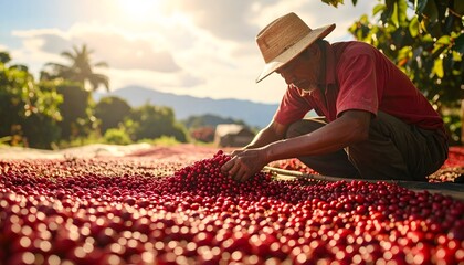 Artisan coffee farmer meticulously sorting fresh red cherries for the natural sun-drying process
