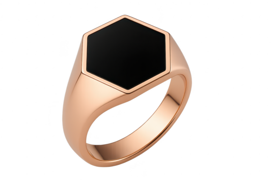 Rose gold signet ring with black stone isolated on transparent background, jewelry